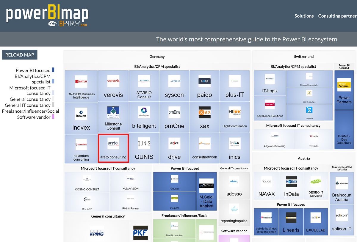 Die powerBImap führt areto als Spezialisten für BI/Analytics/CPM